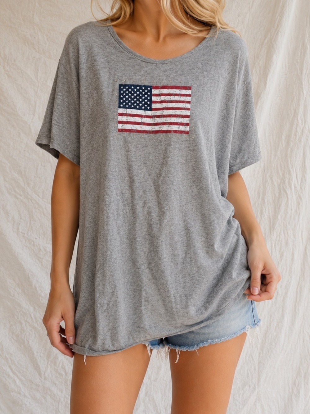 Vintage Americana Flag Tee Gray Cotton T Shirt Large Y2K USA Graphic
